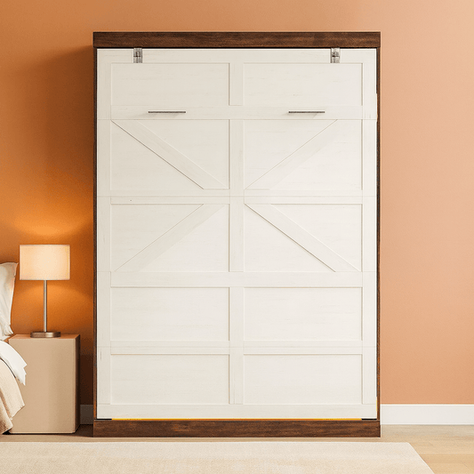 Queen Size Murphy Bed With LED Lights Rustic White Finish