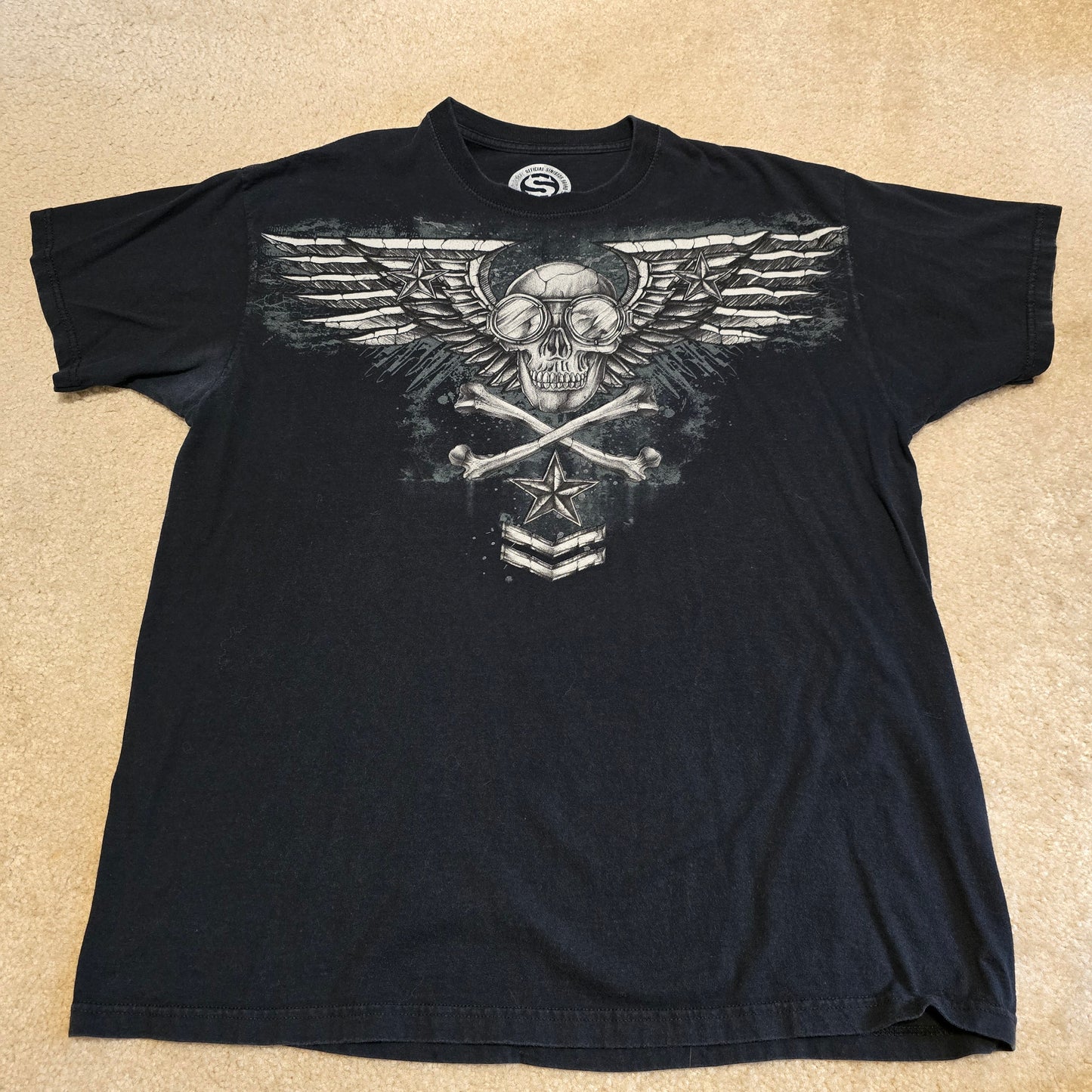 Sinister Brand Skull Wings Crossbones Star Graphic T-Shirt Black XL Biker Tee
