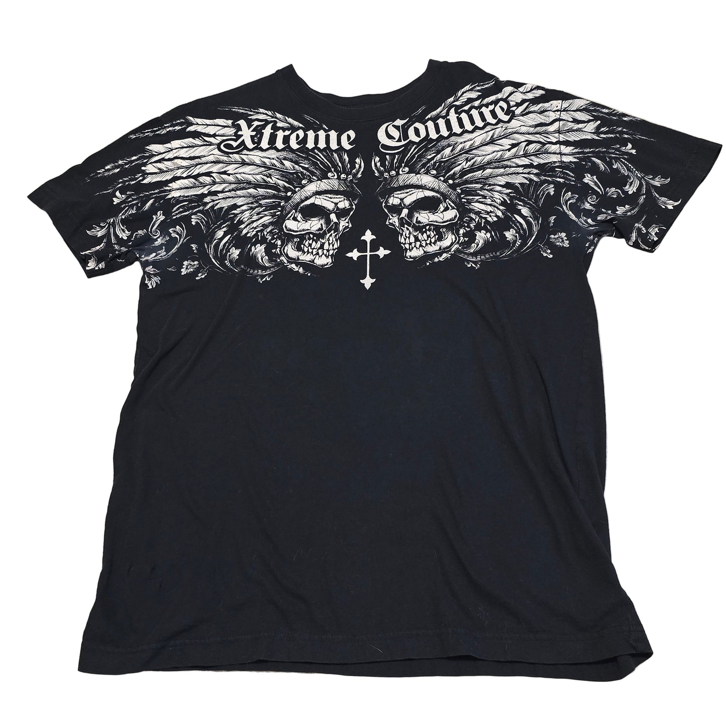 Xtreme Couture Double Skull Wing Graphic T-Shirt Black Size L Made in USA