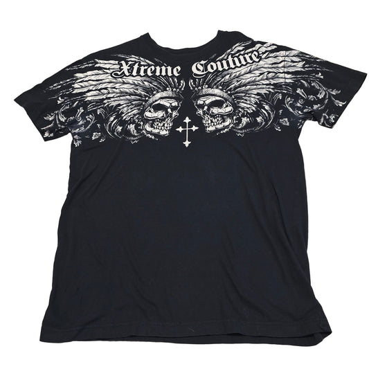 Xtreme Couture Double Skull Wing Graphic T-Shirt Black Size L Made in USA