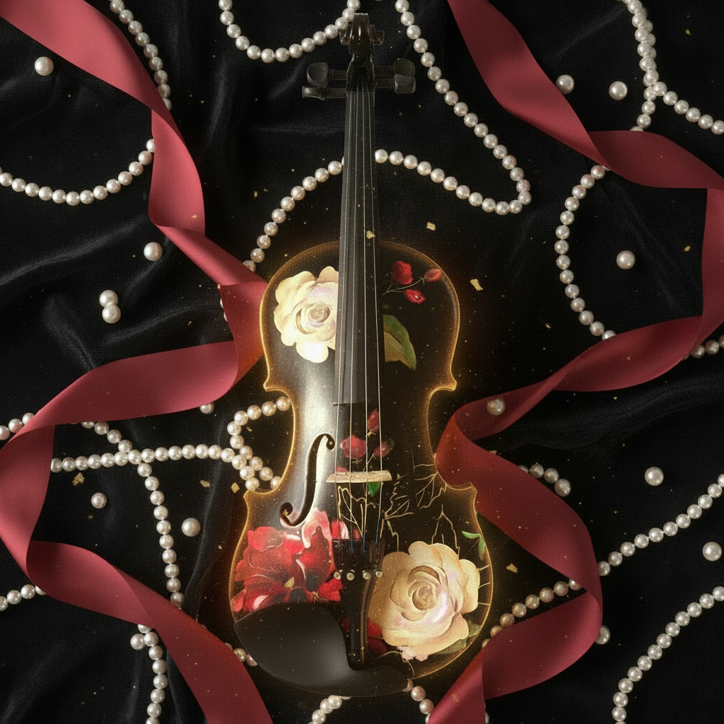 Rozanna's Rose Delight Black Violin Outfit | Black Violin with Red & White Roses, Pearl Fine Tuners & Bow