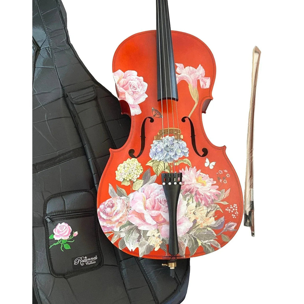 Floral Garden Cello Outfit | Rose & Hydrangea Cello with Crystal Fine Tuners, Brazilwood Bow & Case