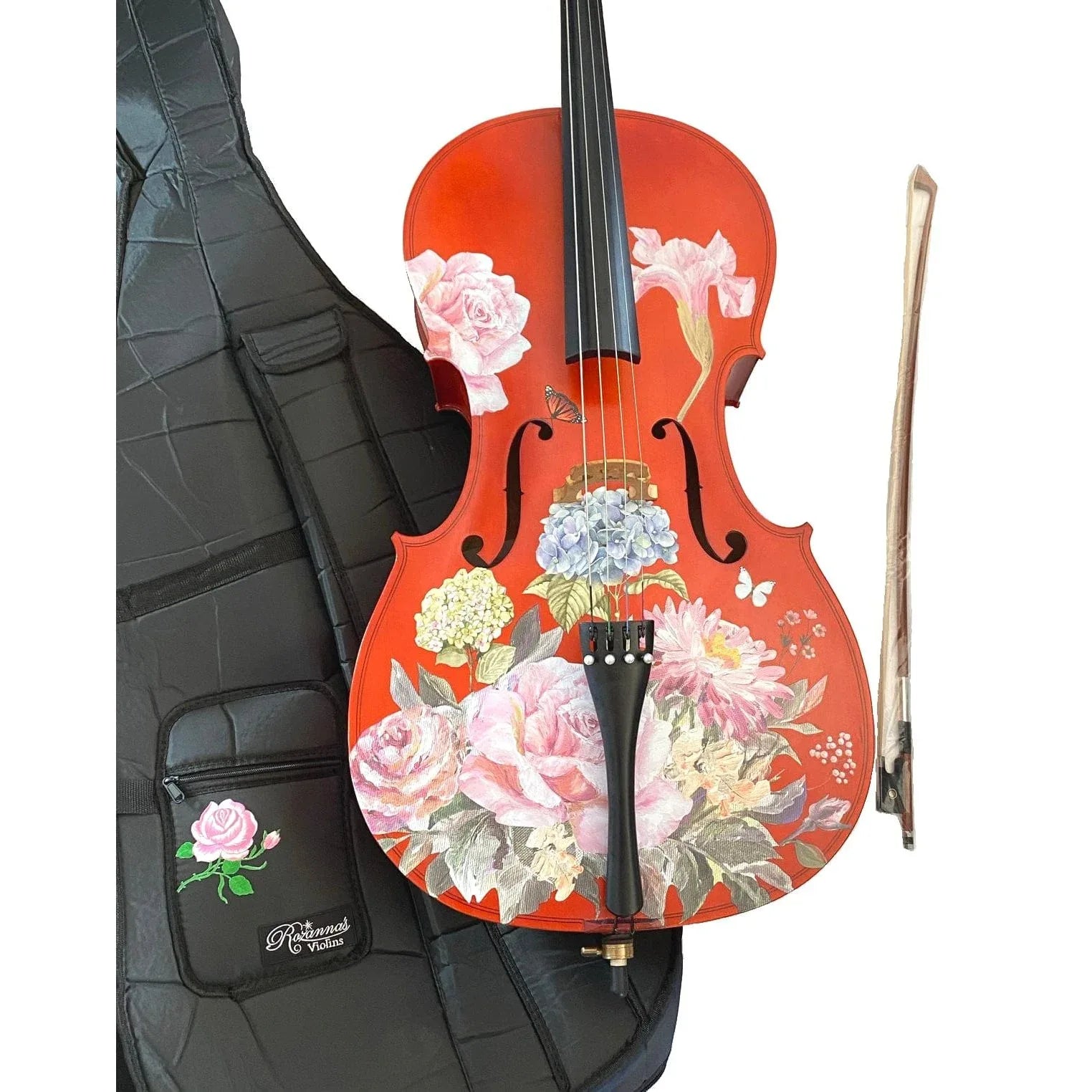 Floral Garden Cello Outfit | Rose & Hydrangea Cello with Crystal Fine Tuners, Brazilwood Bow & Case