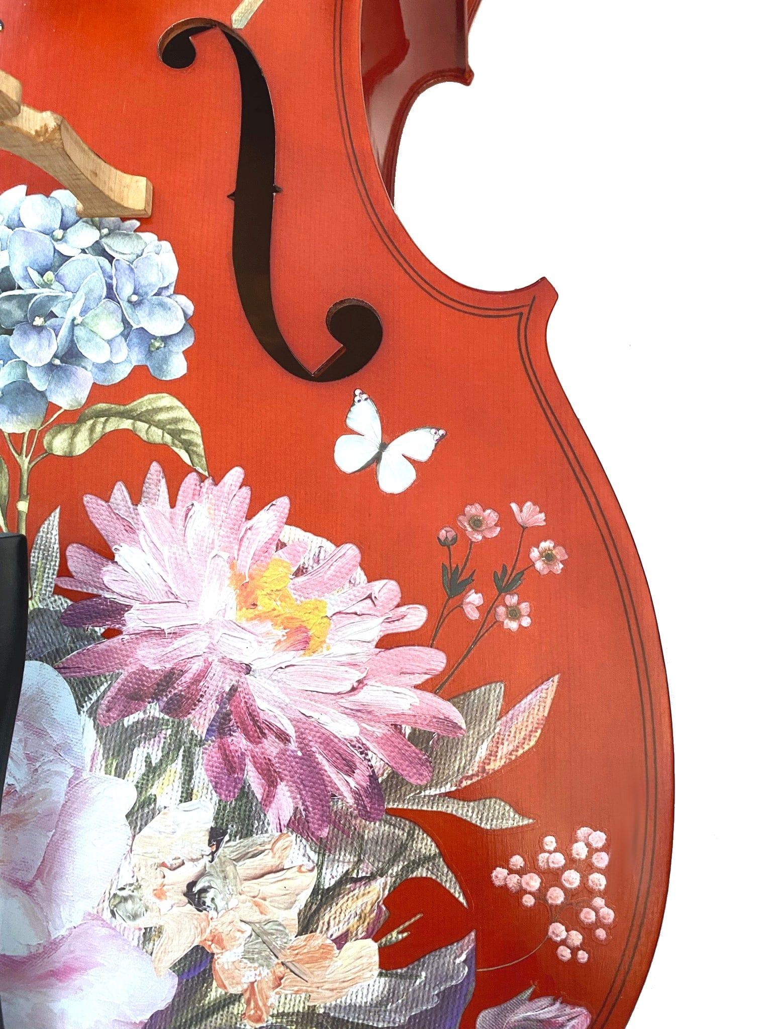 Floral Garden Cello Outfit | Rose & Hydrangea Cello with Crystal Fine Tuners, Brazilwood Bow & Case