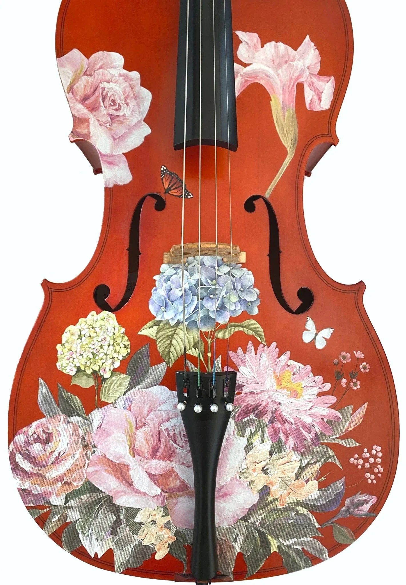 Floral Garden Cello Outfit | Rose & Hydrangea Cello with Crystal Fine Tuners, Brazilwood Bow & Case