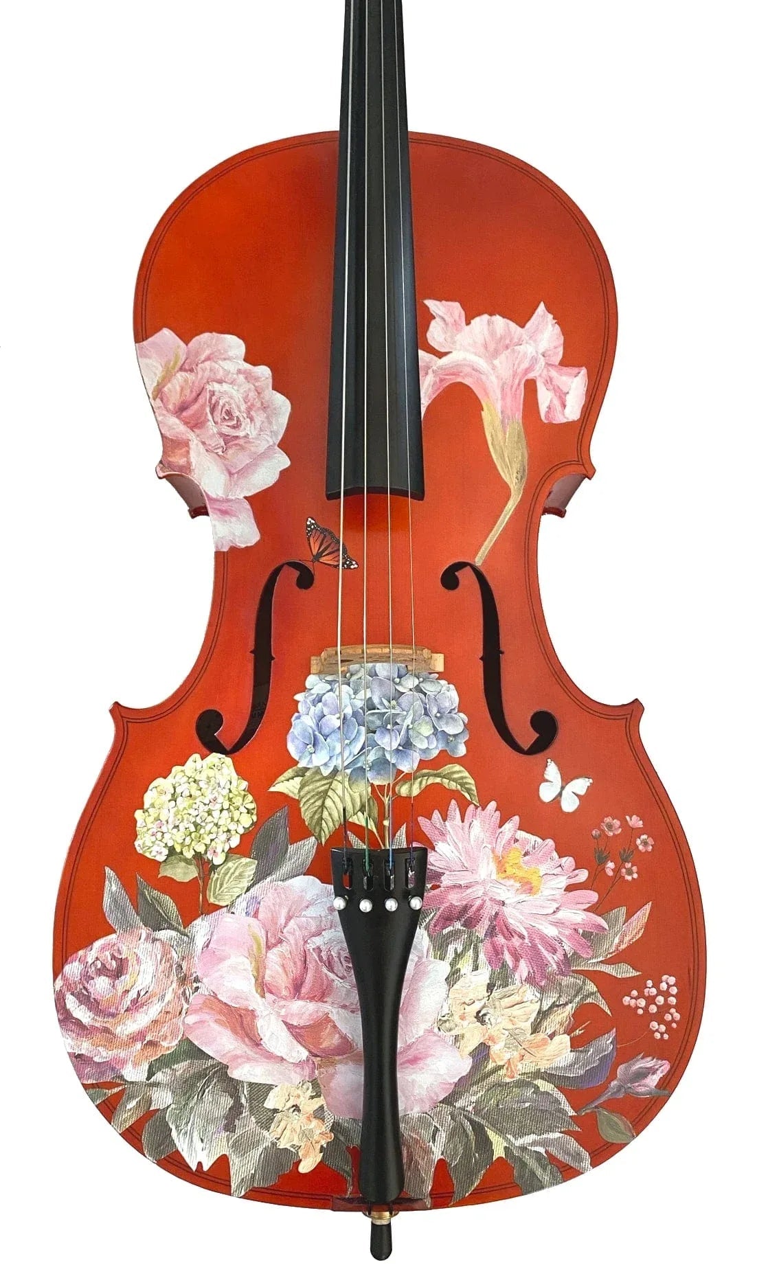 Floral Garden Cello Outfit | Rose & Hydrangea Cello with Crystal Fine Tuners, Brazilwood Bow & Case