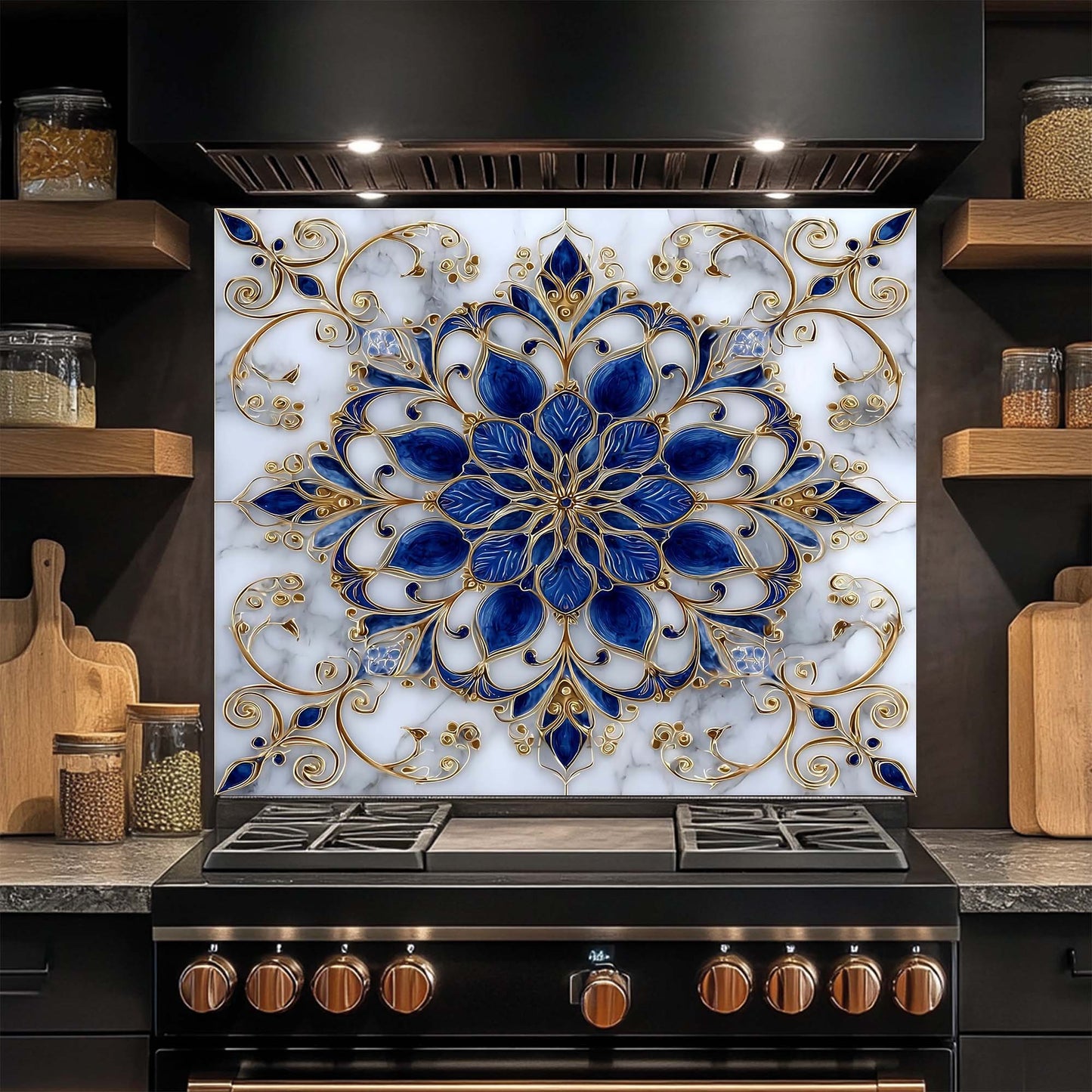 Majestic Sapphire – Tempered Glass Backsplash for Kitchen – Blue & Gold Mandala Splashback
