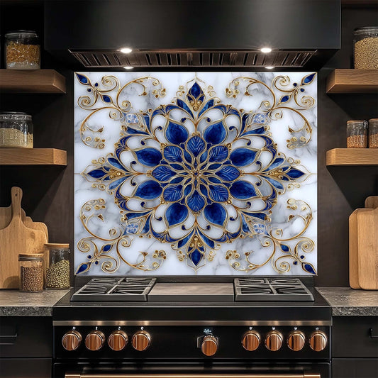 Majestic Sapphire – Tempered Glass Backsplash for Kitchen – Blue & Gold Mandala Splashback