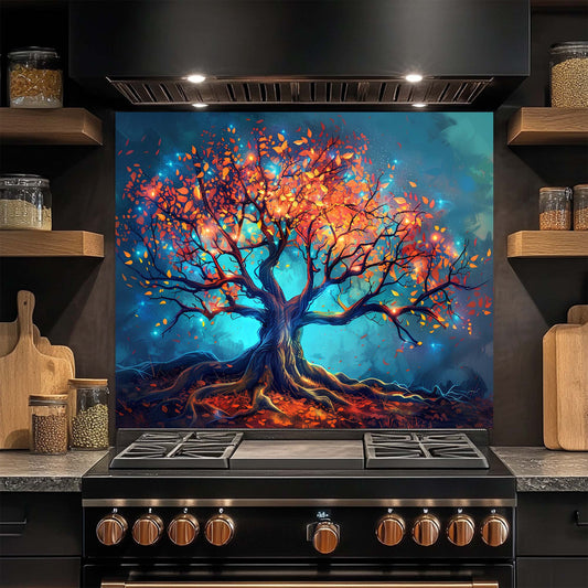 Enchanted Tree of Light – Tempered Glass Backsplash for Kitchen – Nature Splashback
