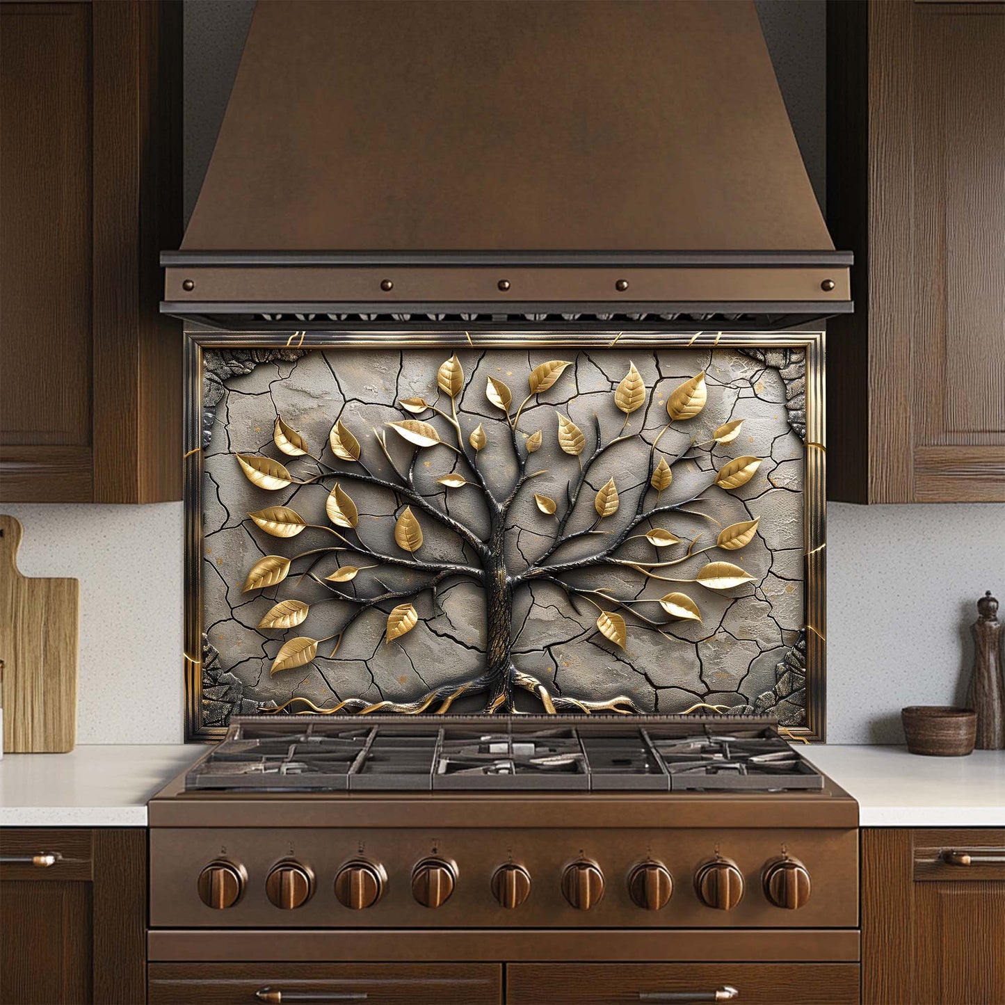 Golden Roots – Tempered Glass Backsplash for Kitchen – Tree of Life Kitchen Splashback