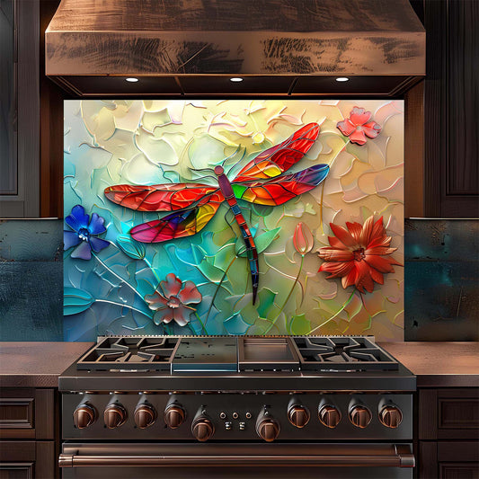 Custom Kitchen Backsplash – Rainbow Dragonfly Tempered Glass Stove Backsplash