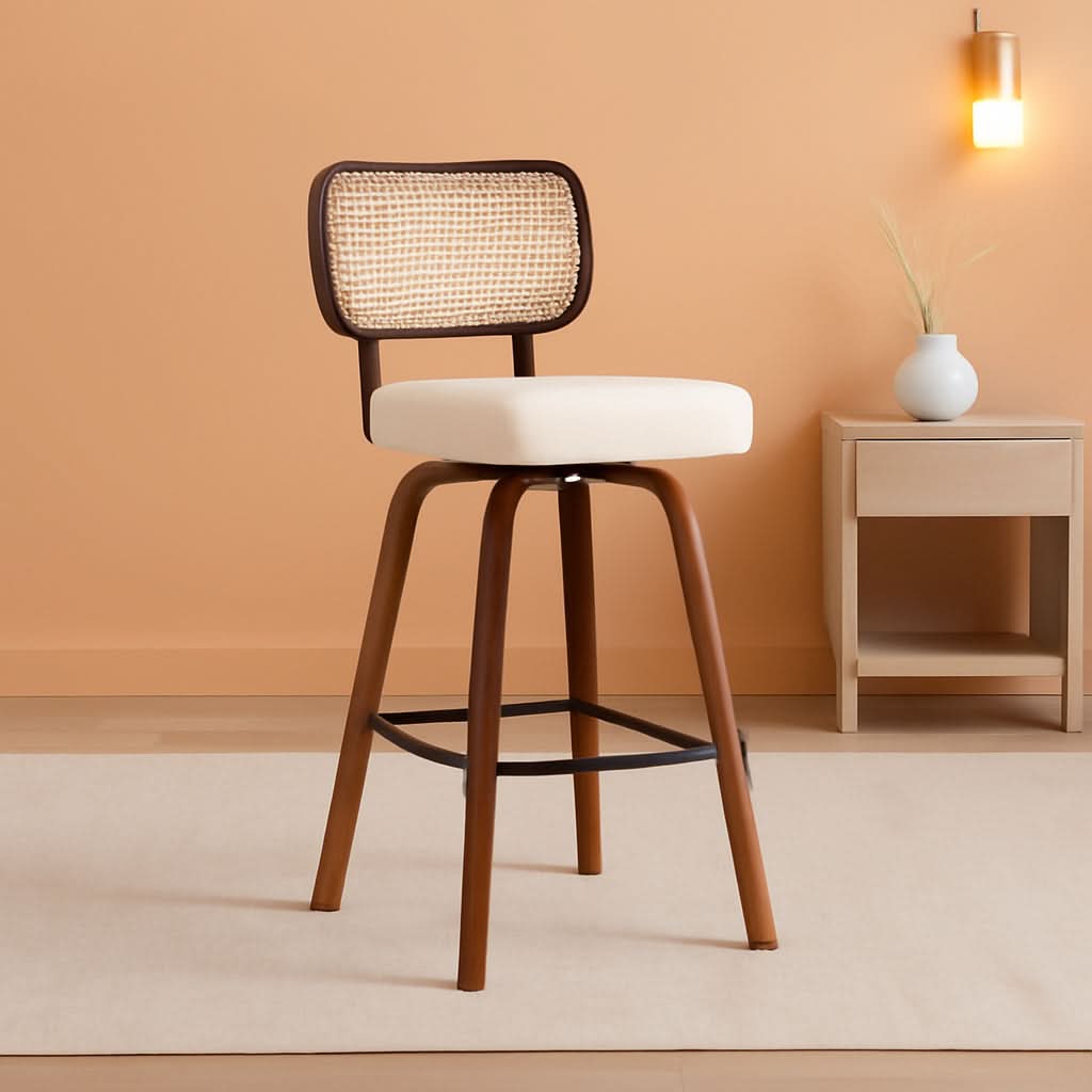 Swivel Counter Height Bar Stools Set of 4 Cream Upholstered Rattan Back