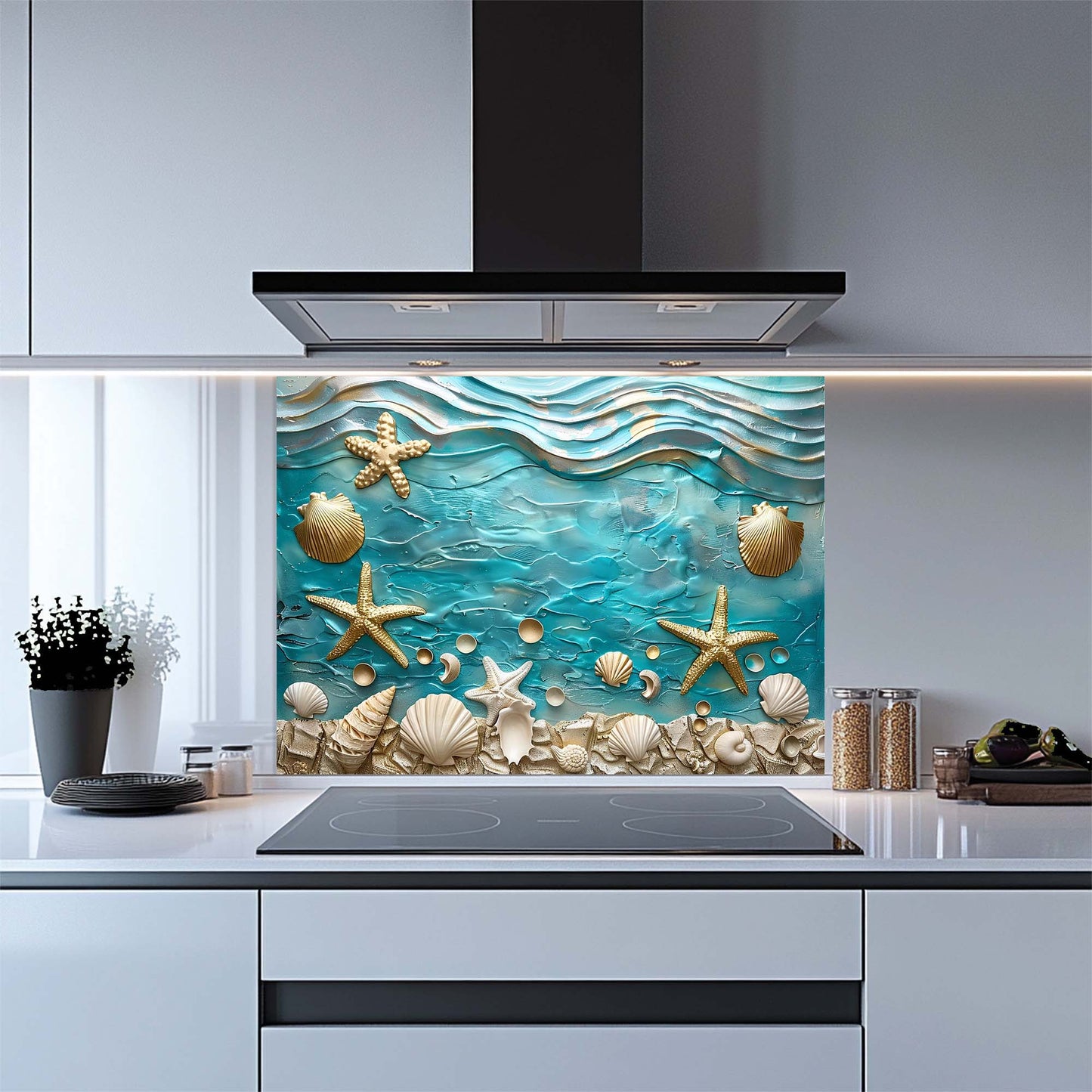 Ocean Breeze – Tempered Glass Backsplash for Kitchen – Coastal Seashell Splashback