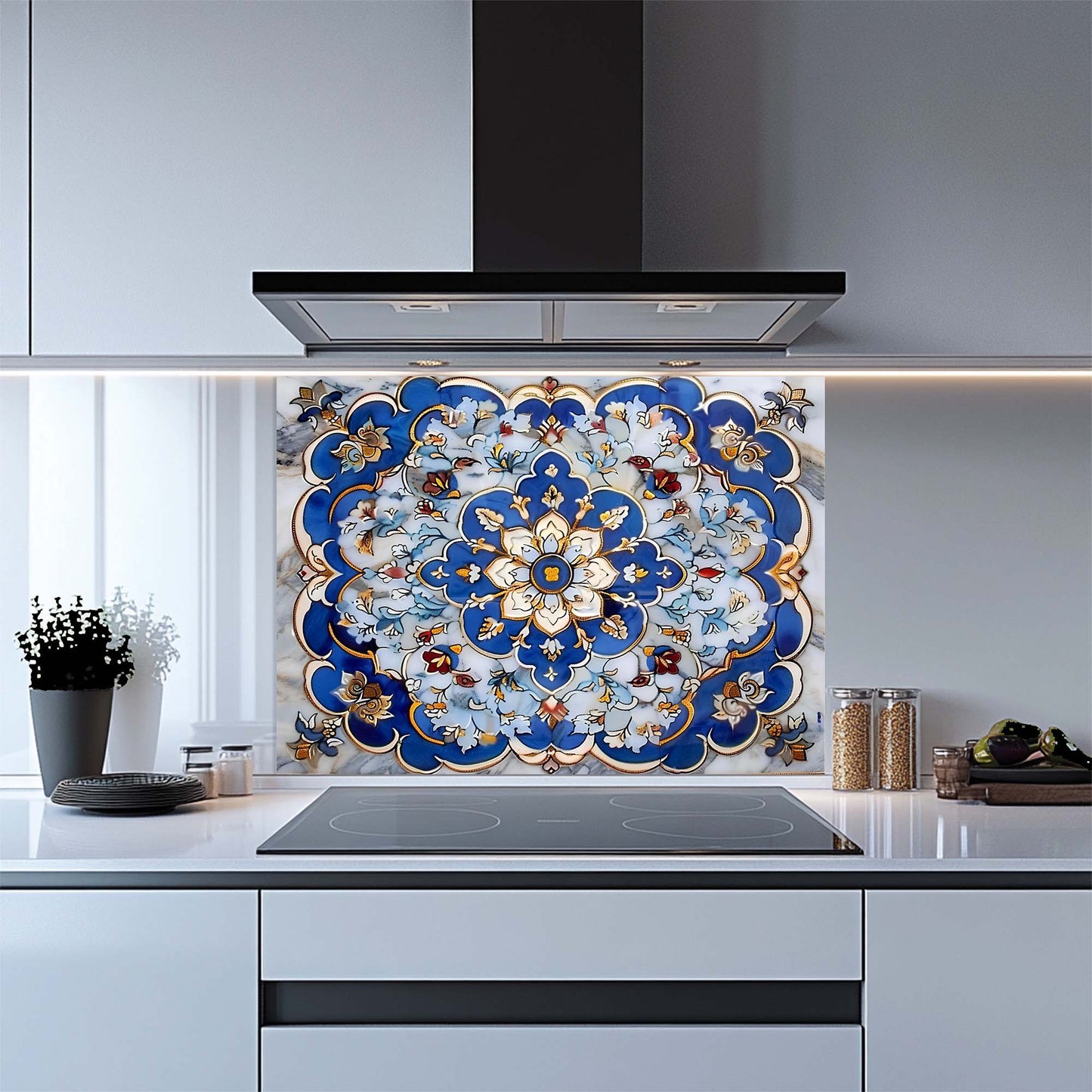 Royal Blue Mandala – Tempered Glass Backsplash for Kitchen – Floral Tile Splashback