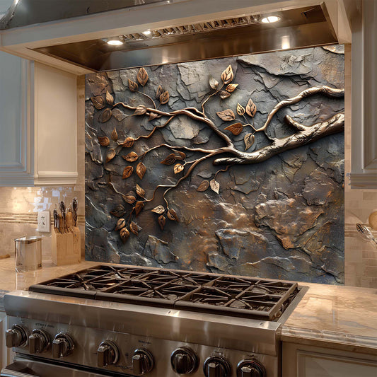 Custom Kitchen Backsplash – Bronze Branches Tempered Glass Stove Backsplash