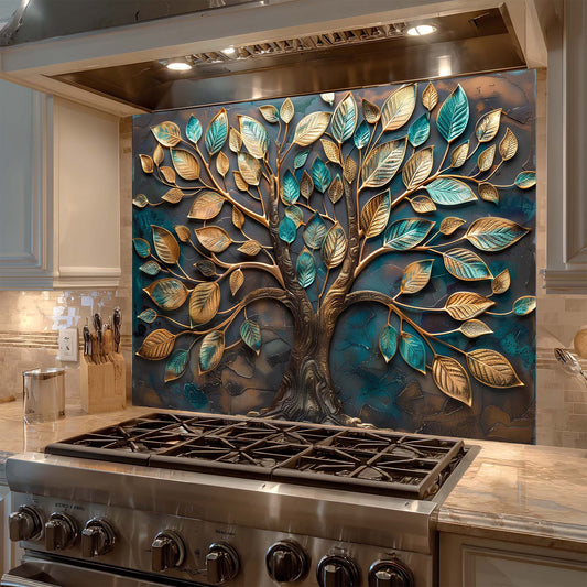 Custom Kitchen Backsplash – Golden Grove Tempered Glass Stove Backsplash
