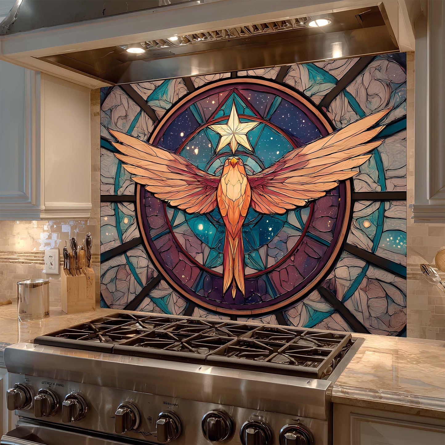 Custom Kitchen Backsplash – Celestial Ascent Tempered Glass Backsplash for Stove