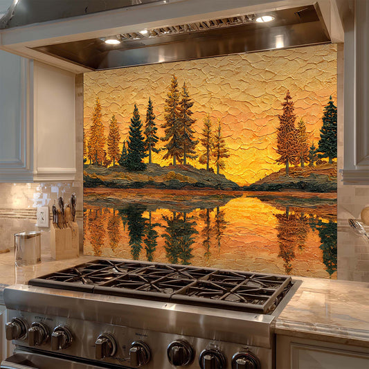 Custom Kitchen Backsplash – Golden Sunset Forest Tempered Glass Backsplash