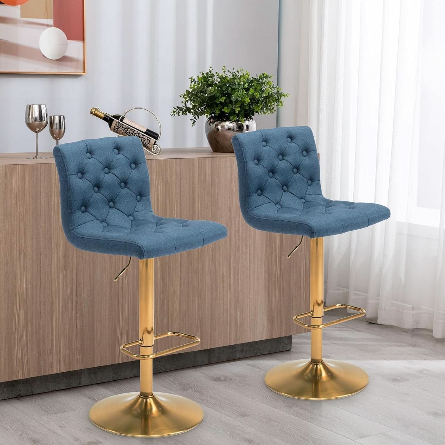 Tufted Fabric Bar Stool Set Of 2 Blue Upholstered Swivel Counter Height Chairs