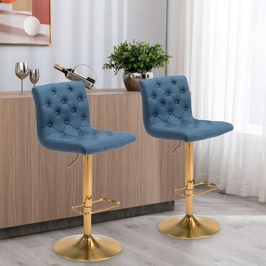 Tufted Fabric Bar Stool Set Of 2 Blue Upholstered Swivel Counter Height Chairs