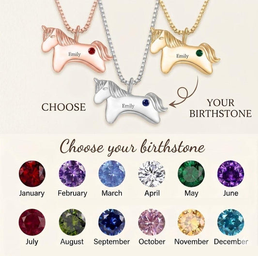 Personalized Unicorn Birthstone Necklace | Gift Box Included | Gold, Silver, Rose