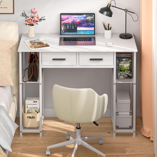 White Computer Desk 37.3 Inch With Drawers And Storage Shelves