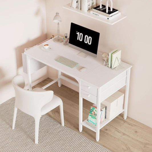 White 40 Inch Computer Desk With Drawers For Small Space Home Office