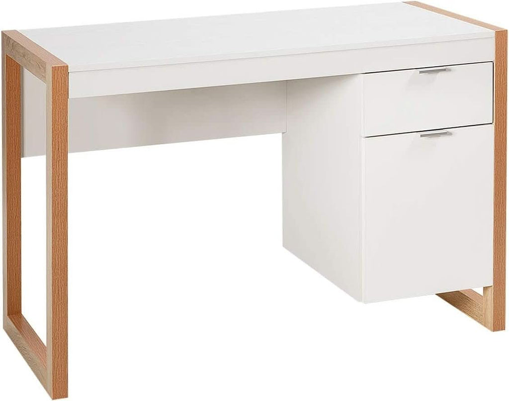 Wooden Home Office Desk With Drawer And Cabinet In White And Natural
