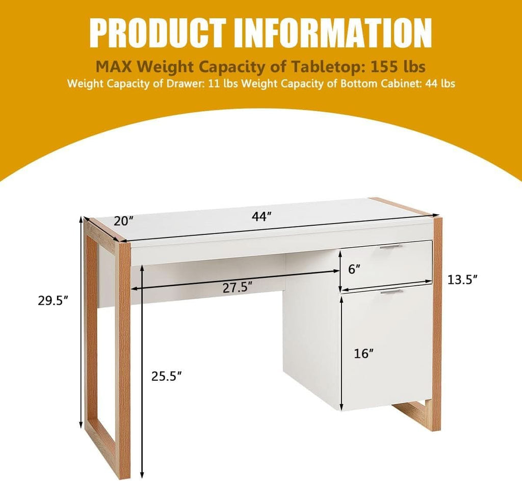 Wooden Home Office Desk With Drawer And Cabinet In White And Natural