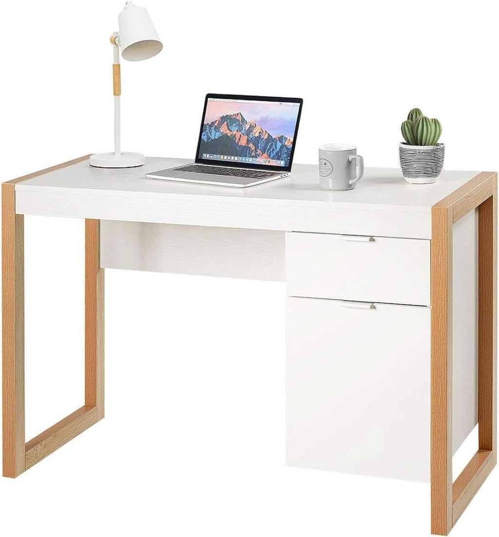 Wooden Home Office Desk With Drawer And Cabinet In White And Natural