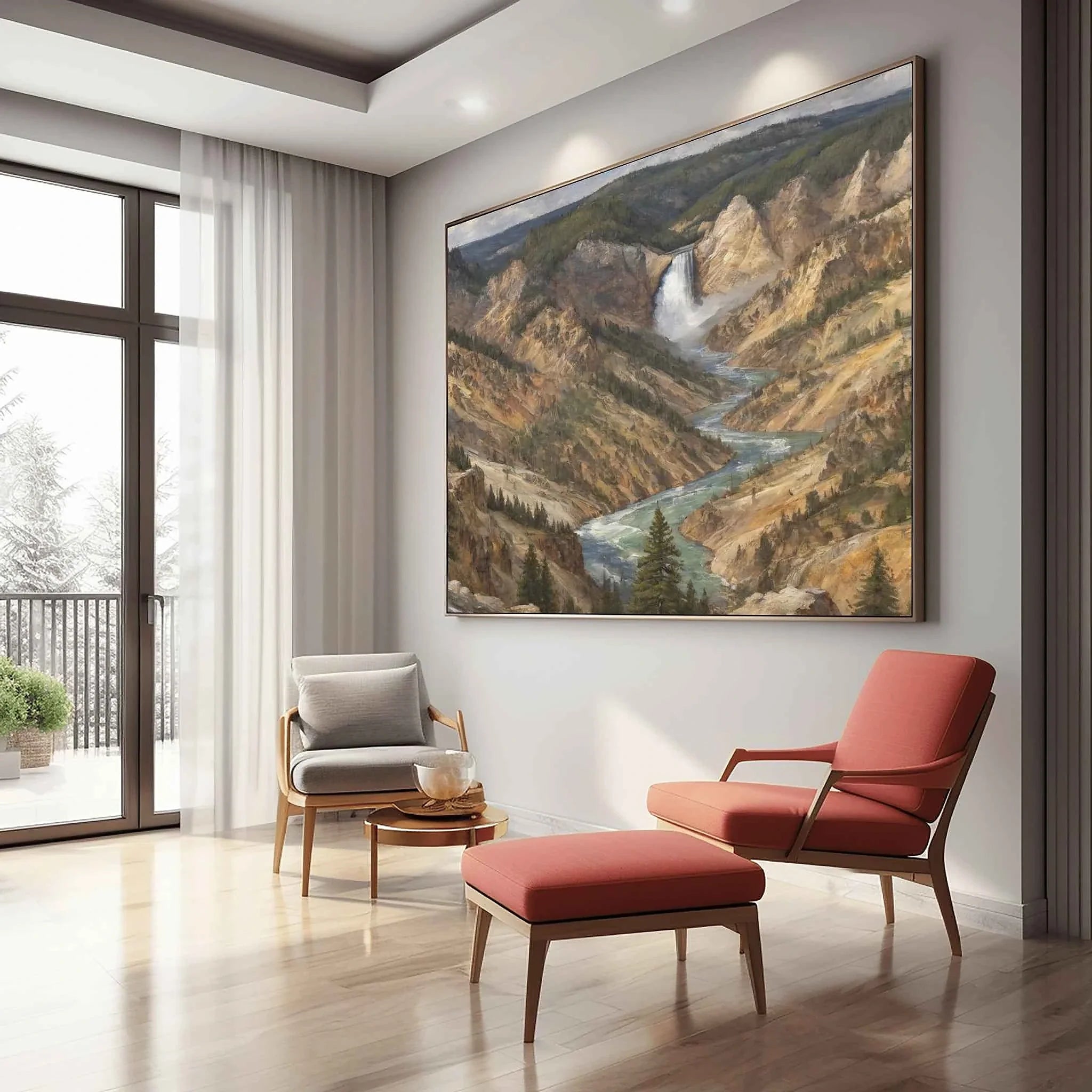 Yellowstone Grand Canyon: Lower Falls & Golden Cliffs Oil Painting Canvas Art