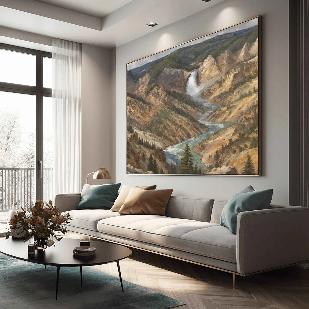 Yellowstone Grand Canyon: Lower Falls & Golden Cliffs Oil Painting Canvas Art