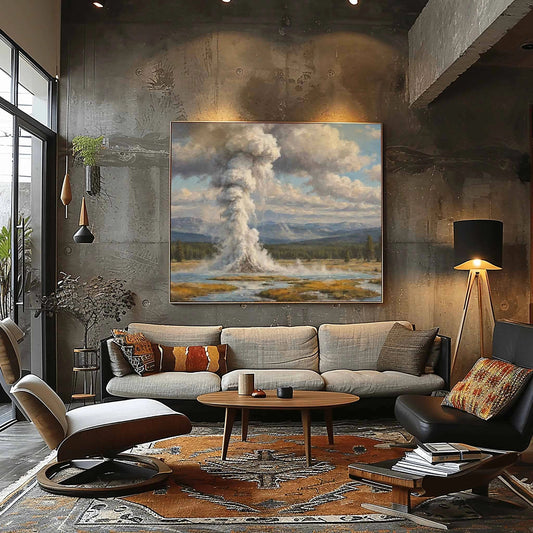 Yellowstone Icon: Old Faithful Geyser Eruption Oil Painting