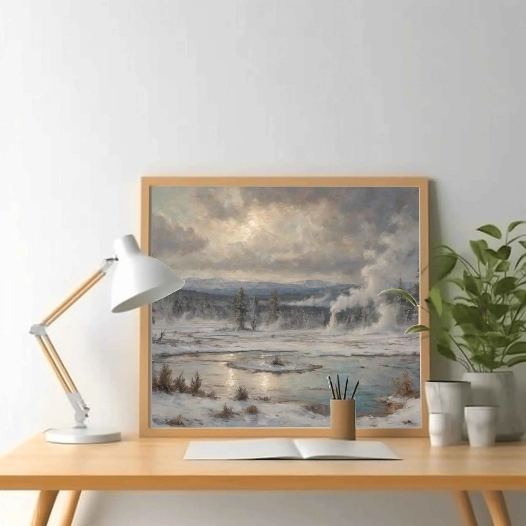 Yellowstone Winter Geysers: Thermal Steam & Frozen Wilderness Oil Painting
