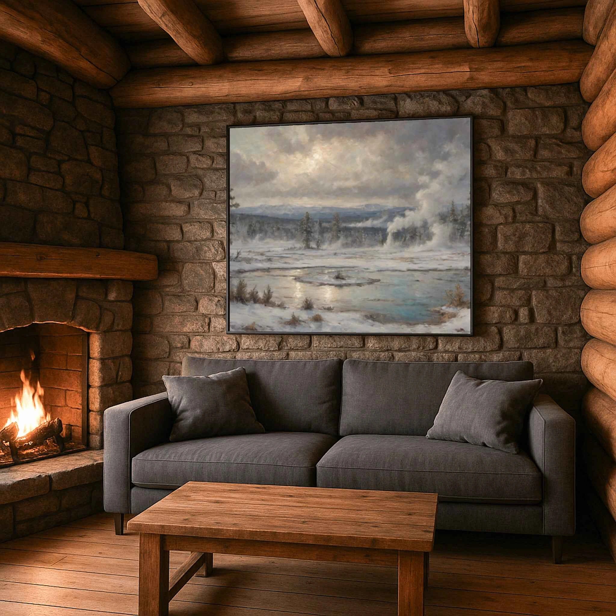 Yellowstone Winter Geysers: Thermal Steam & Frozen Wilderness Oil Painting