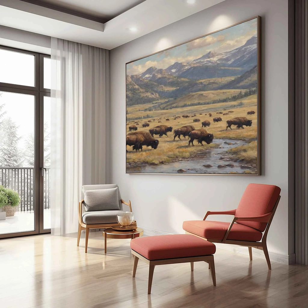 Yellowstone Heritage: Majestic Bison Herd in Lamar Valley Oil Painting
