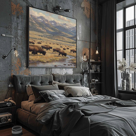 Yellowstone Heritage: Majestic Bison Herd in Lamar Valley Oil Painting