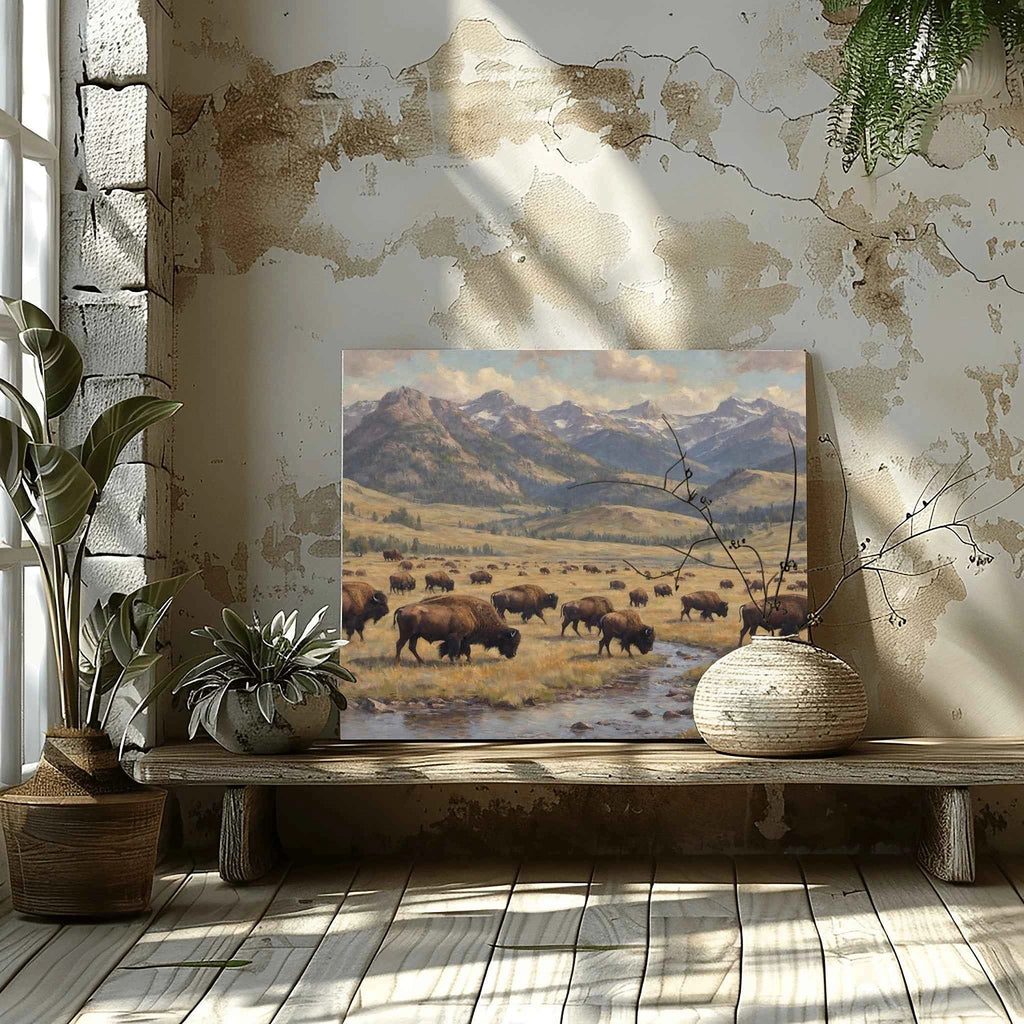 Yellowstone Heritage: Majestic Bison Herd in Lamar Valley Oil Painting