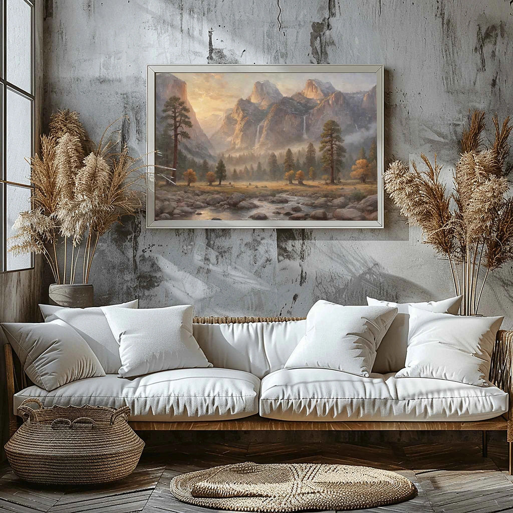 Yosemite Granite Valley: Golden Hour Mist & Cathedral Peaks Oil Painting