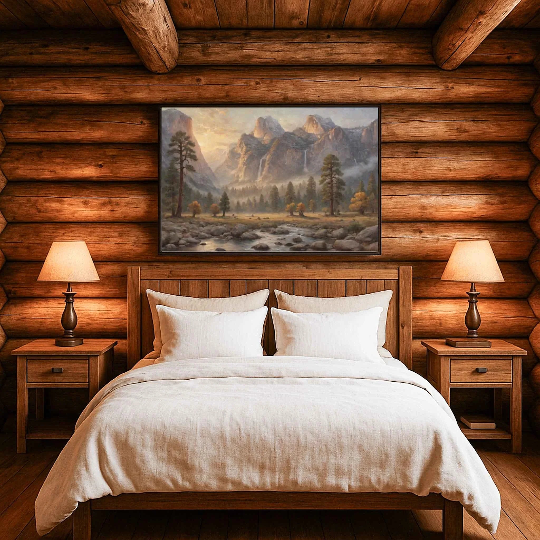 Yosemite Granite Valley: Golden Hour Mist & Cathedral Peaks Oil Painting