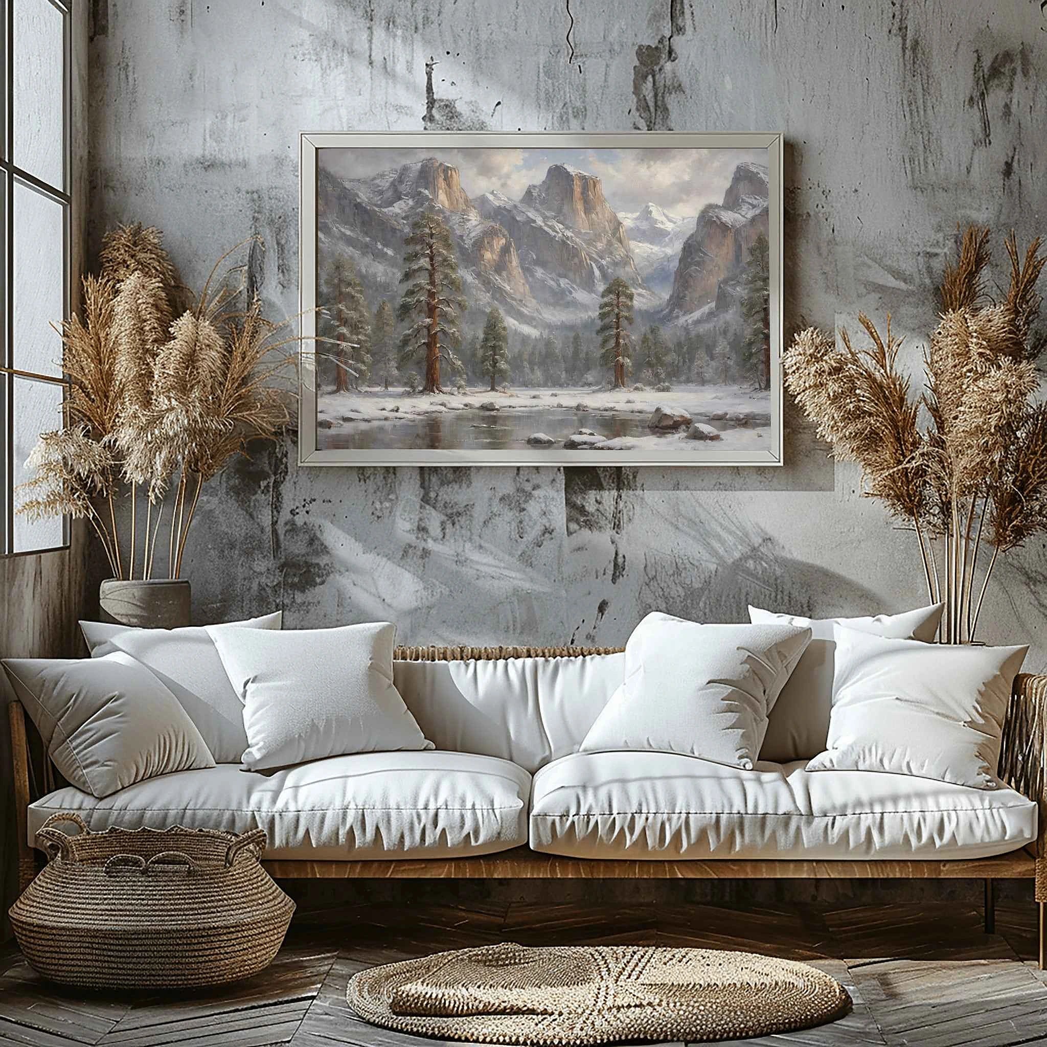 Yosemite Winter Silence: El Capitan & Half Dome Oil Painting Canvas Art