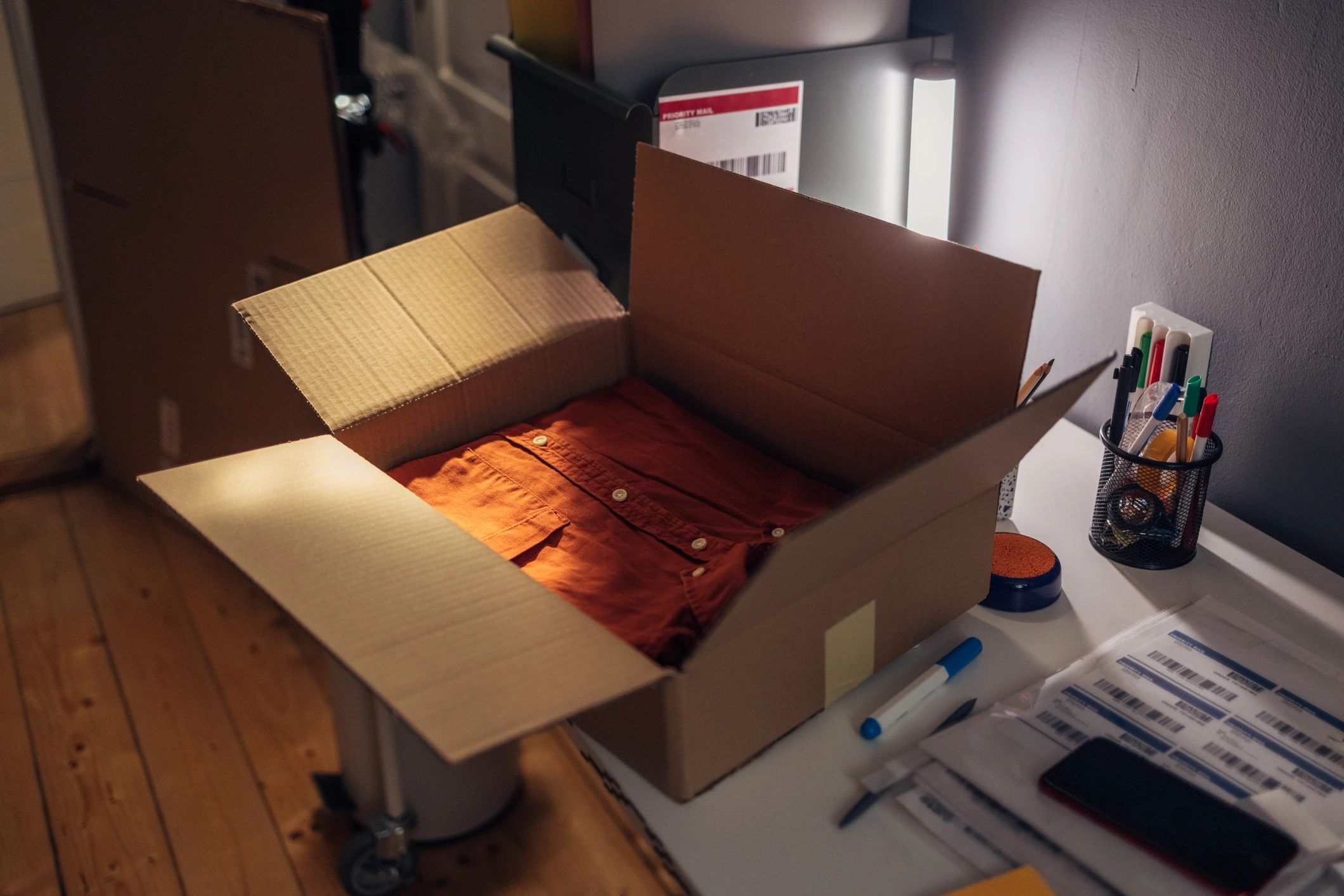Packaged clothing item prepared for shipping or return