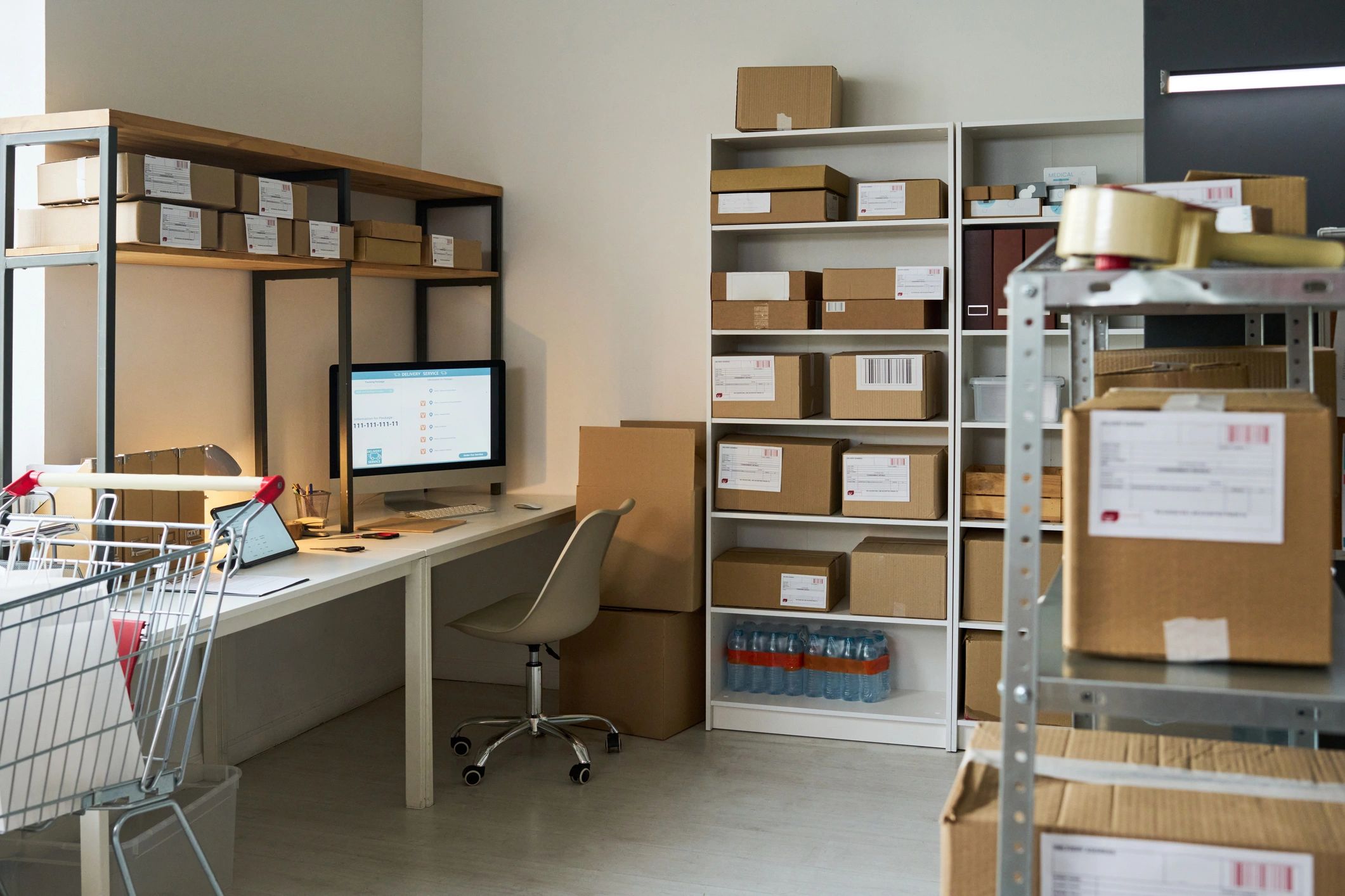 E-commerce fulfillment workspace with packed boxes and shipping station